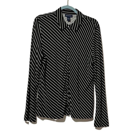 Ann Taylor Womens Black & White Striped Button-Up Shirt Size L Business Casual - Picture 1 of 6